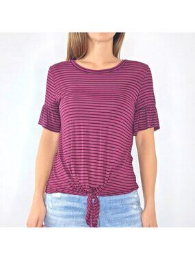 💘Discreet Striped Burgundy Top with Ruffle Sleeves and Tie Front Size Medium